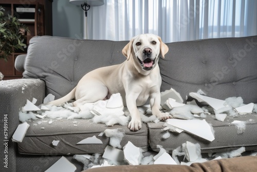 A dog making a mess in the living room.