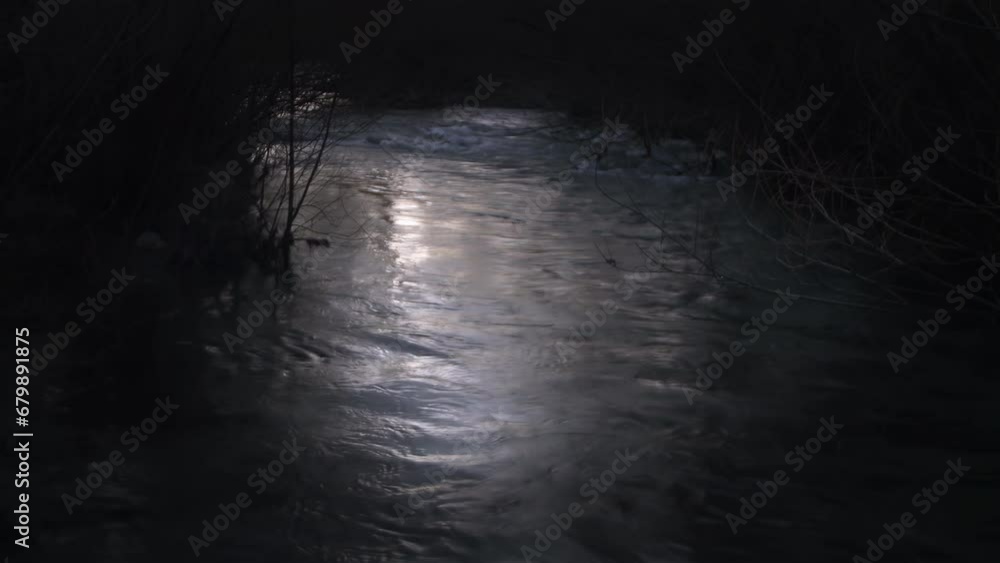 Ripples On The Surface Of Water Stream in the Forest in Patagonia at Night. 4K Resolution.