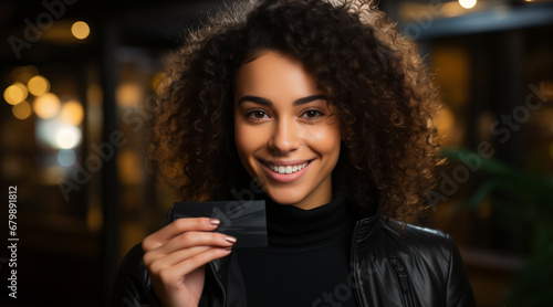 woman holding brasilian credit card, smilling and happy photo