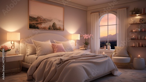 A bedroom with soft, pastel-hued walls in a delicate swirl texture, illuminated by warm, golden lighting fixtures for a dreamy and romantic ambiance. © ZUBI CREATIONS