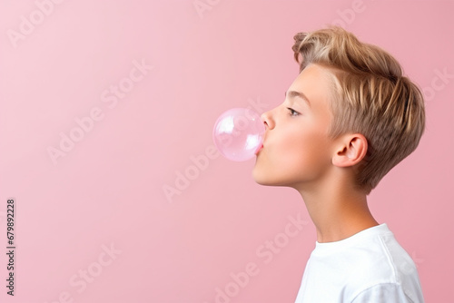Boy with chewing gum on color background photo