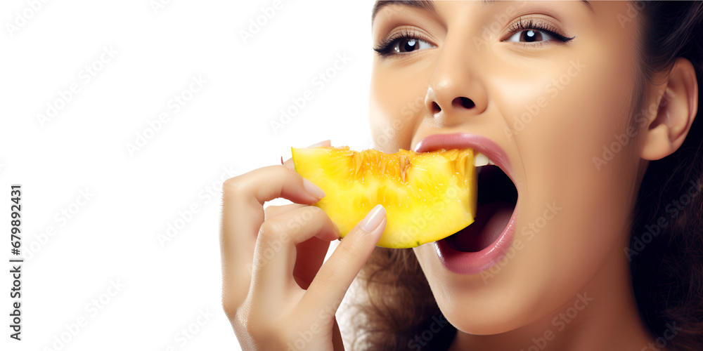 Woman smiling mouth with Ripe fruit, created by generative AI technology Woman smiling mouth with Ripe fruit, created by generative AI technology