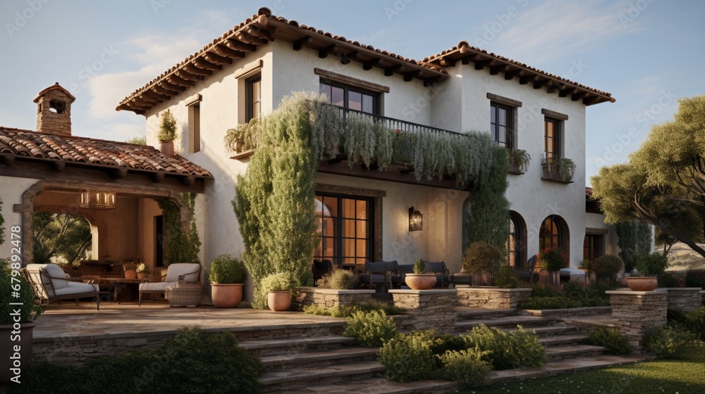 An exterior shot of a Mediterranean-style villa featuring stucco-textured walls in warm terracotta, accented by rustic wooden beams and wrought-iron details, evoking a timeless and elegant charm.