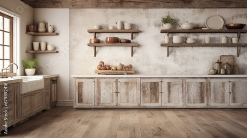 A rustic kitchen with walls displaying a weathered wood grain texture in a natural oak color  paired with distressed white cabinets and vintage copper cookware  exuding a charming farmhouse style.