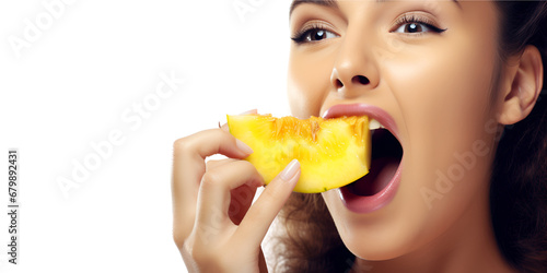 Woman smiling mouth with Ripe fruit, created by generative AI technology
