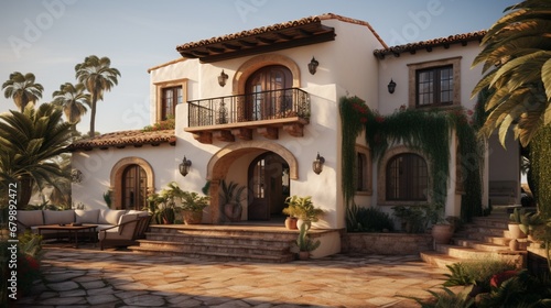 An exterior shot of a Mediterranean-style villa featuring stucco-textured walls in warm terracotta  accented by rustic wooden beams and wrought-iron details  evoking a timeless and elegant charm.