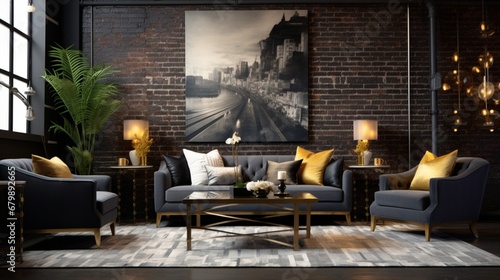 An image capturing the elegance of a charcoal-gray brick-textured wall, paired with contemporary furnishings and accented by pops of gold decor, exuding a chic and modern atmosphere.