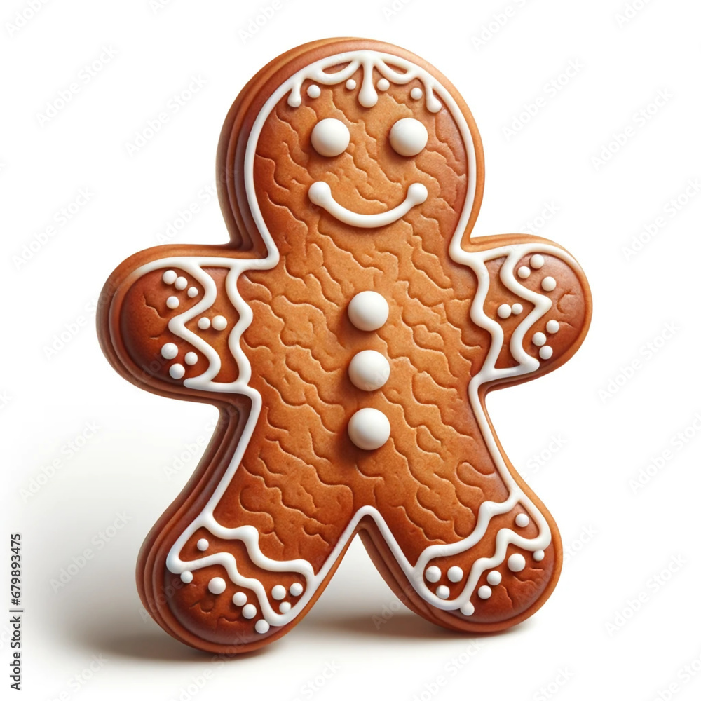 A realistic illustration of a gingerbread man, with detailed icing decorations, isolated on a white background. The gingerbread man has a classic design with icing eyes, mouth, buttons. A realistic illustration of a gingerbread man, with detailed icing decorations, isolated on a white background. The gingerbread man has a classic design with icing eyes, mouth, buttons.