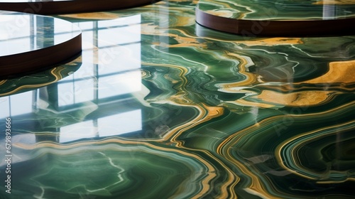 A close-up photograph highlighting the natural veins and patterns of polished green onyx floor tiles, bringing a touch of nature indoors.