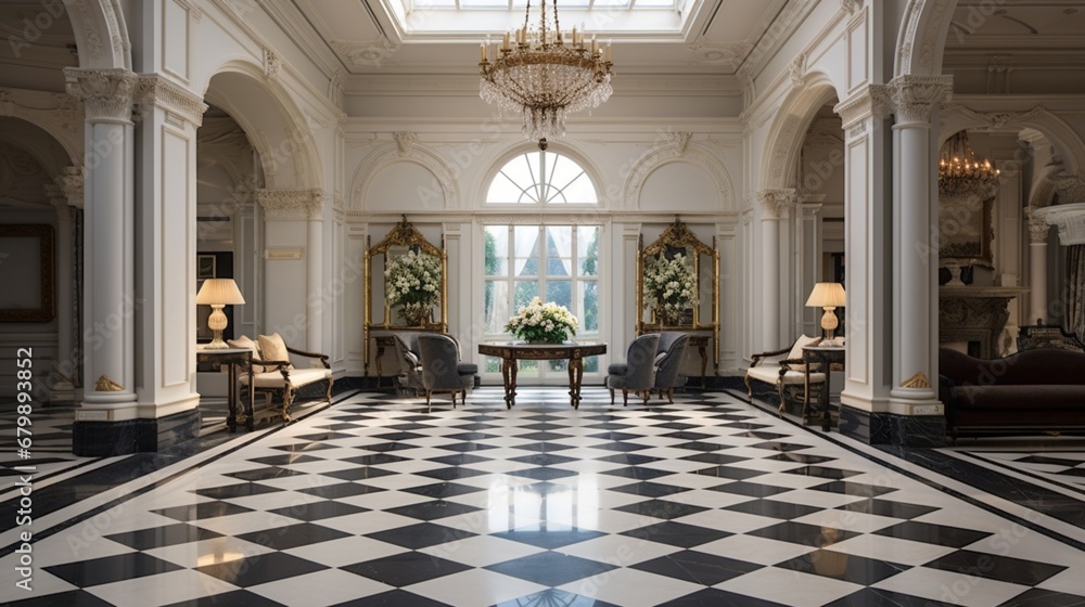 A well-lit room with a polished marble floor in a classic checkerboard pattern, exuding timeless charm and sophistication.