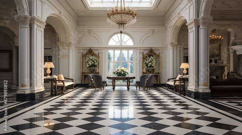 A well-lit room with a polished marble floor in a classic checkerboard pattern, exuding timeless charm and sophistication.