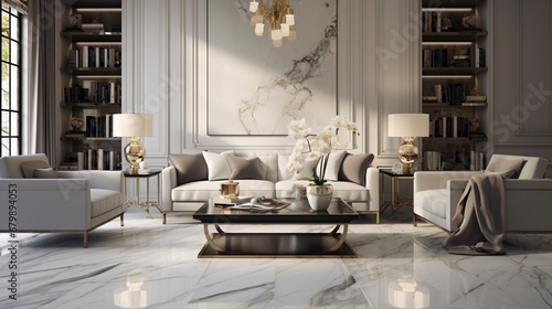 An impeccably polished floor with large, rectangular marble tiles in a calming shade of gray, creating a sense of serenity and sophistication. photo
