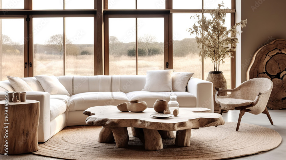 Rustic natural wood root ball live edge coffee table near chairs and white sofa against window. Rustic home interior design of modern living room, Generative AI - obrazy, fototapety, plakaty 