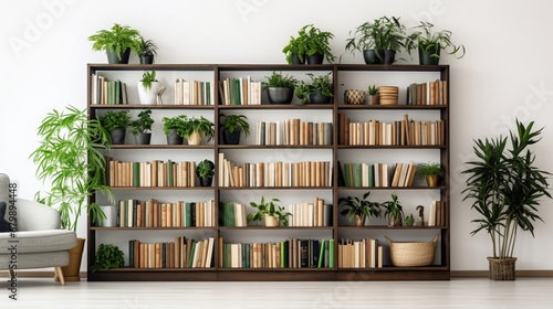 A stylish bookcase filled with books and adorned with various lush green potted plants against a pristine white wall.