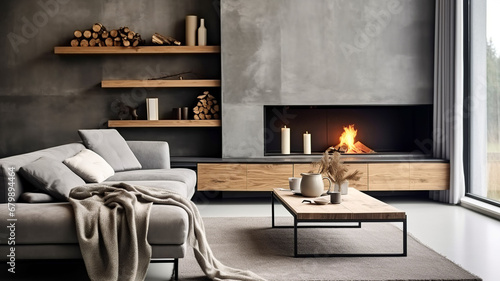 Grey corner sofa against shelving wall unit and fireplace. Scandinavian loft home interior design of modern living room with concrete wall, Generative AI
