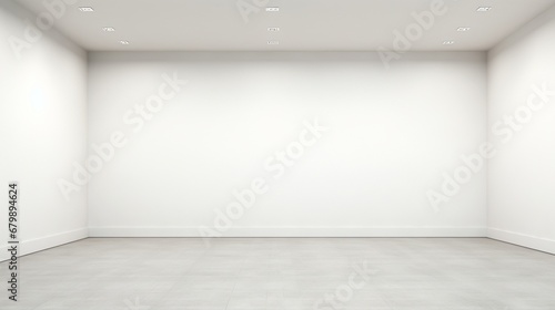 An empty office space with a feature wall devoid of any decor or furnishings, presenting a blank canvas for your logo design. The minimalist ambiance exudes professionalism and elegance. photo