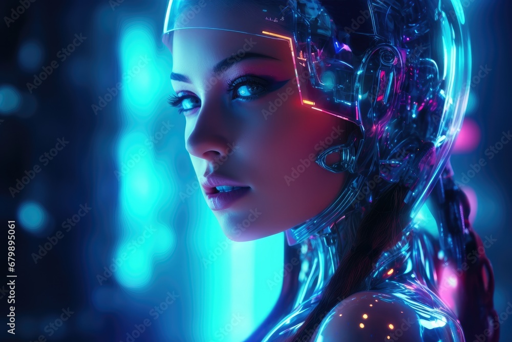 Neon Cyborg Elegance: Woman with Robotic Features and AI Enhancements Glows in Futuristic Cyberpunk Aesthetics. Neon Cyborg Elegance: Woman with Robotic Features and AI Enhancements Glows in Futuristic Cyberpunk Aesthetics.