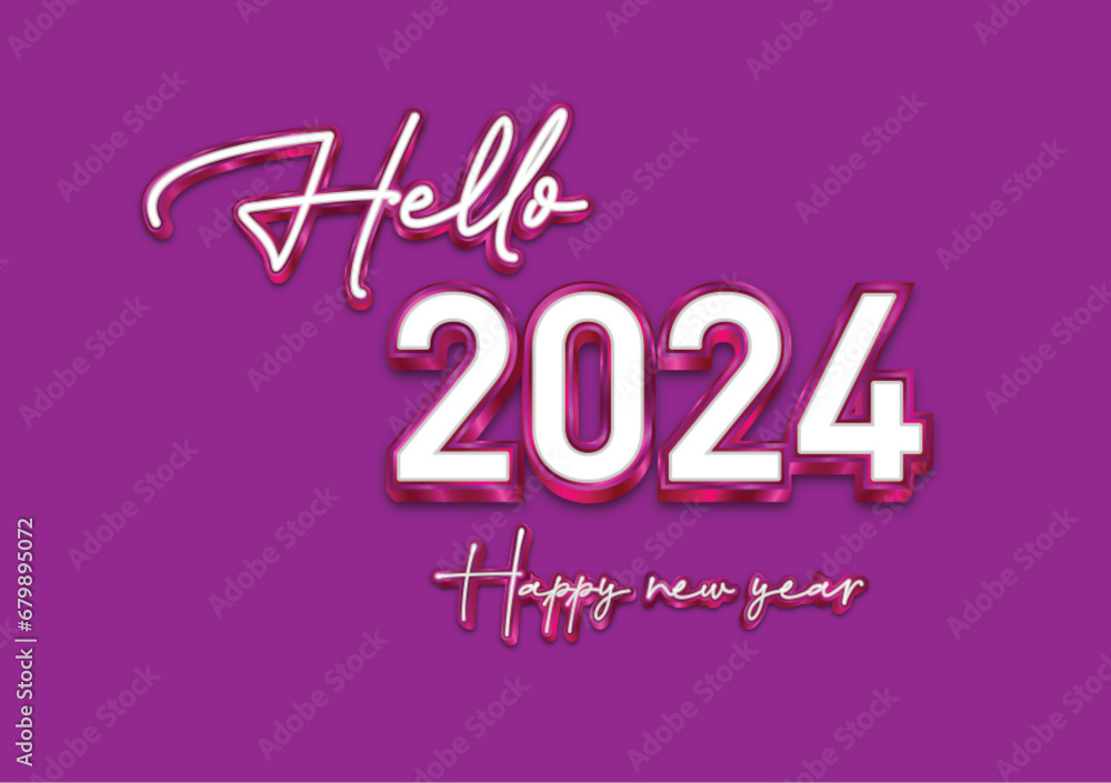 Hello 2024 to luxury in glow 3D pink, purple glow, 3d text white and purple 