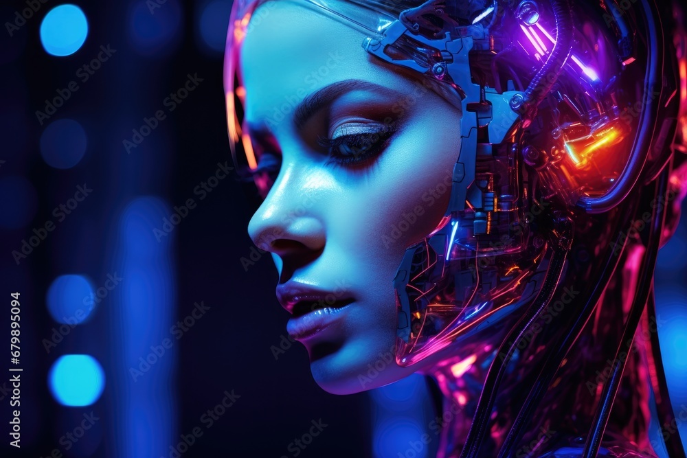 Neon Cyborg Elegance: Woman with Robotic Features and AI Enhancements Glows in Futuristic Cyberpunk Aesthetics. Neon Cyborg Elegance: Woman with Robotic Features and AI Enhancements Glows in Futuristic Cyberpunk Aesthetics.