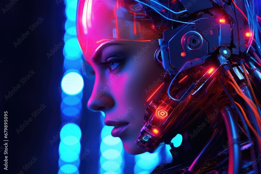 Neon Cyborg Elegance: Woman with Robotic Features and AI Enhancements Glows in Futuristic Cyberpunk Aesthetics. Neon Cyborg Elegance: Woman with Robotic Features and AI Enhancements Glows in Futuristic Cyberpunk Aesthetics.