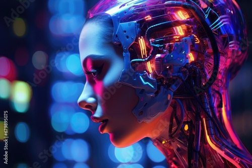 Neon Cyborg Elegance: Woman with Robotic Features and AI Enhancements Glows in Futuristic Cyberpunk Aesthetics.