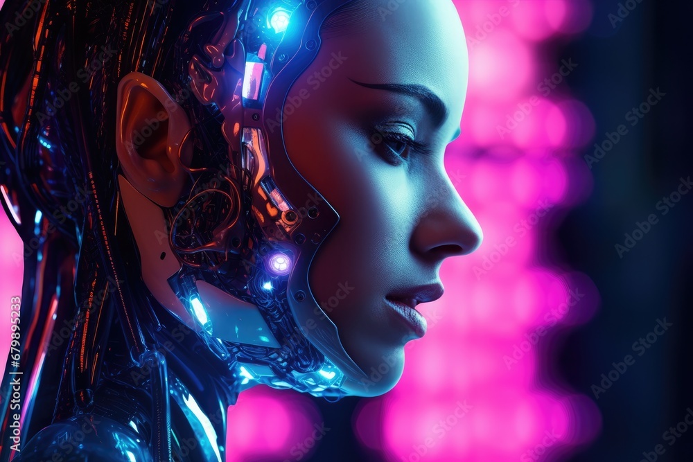 Neon Cyborg Elegance: Woman with Robotic Features and AI Enhancements Glows in Futuristic Cyberpunk Aesthetics. Neon Cyborg Elegance: Woman with Robotic Features and AI Enhancements Glows in Futuristic Cyberpunk Aesthetics.