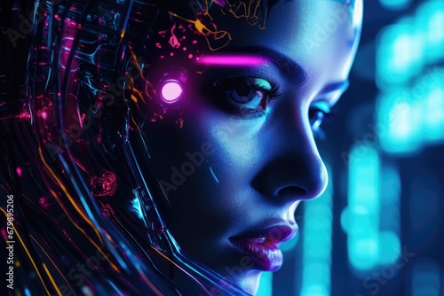 Neon Cyborg Elegance: Woman with Robotic Features and AI Enhancements Glows in Futuristic Cyberpunk Aesthetics. © AiAgency