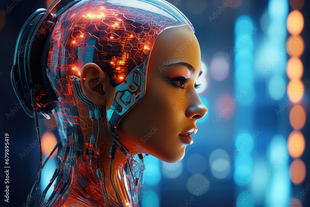 Neon Cyborg Elegance: Woman with Robotic Features and AI Enhancements Glows in Futuristic Cyberpunk Aesthetics. Neon Cyborg Elegance: Woman with Robotic Features and AI Enhancements Glows in Futuristic Cyberpunk Aesthetics.