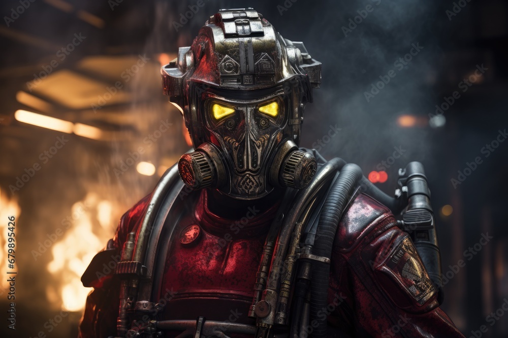 Inferno Guardian: Futuristic Robot Firefighter Emerges Heroically from the Blazing Inferno