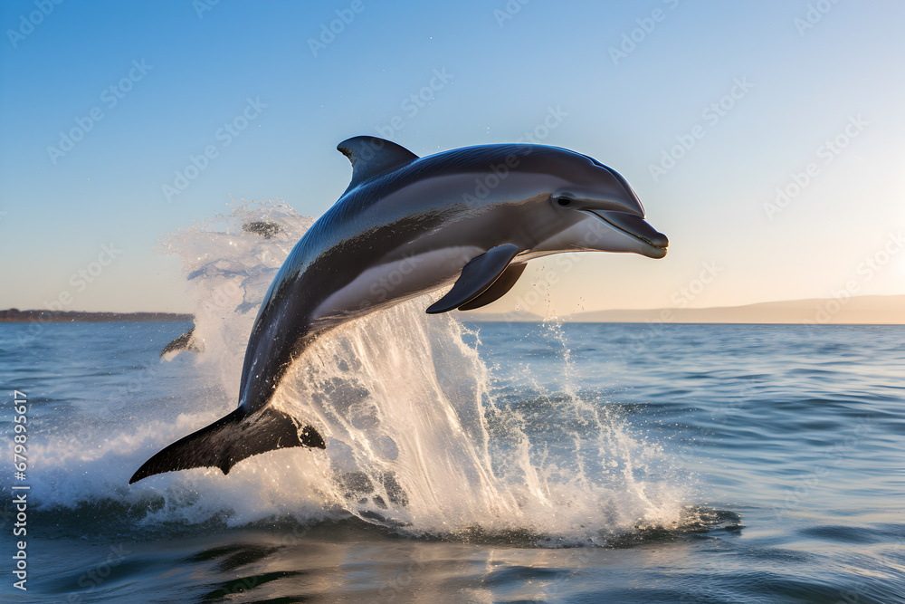 Fototapeta premium Bottlenose dolphin leaping in blue ocean with splash.