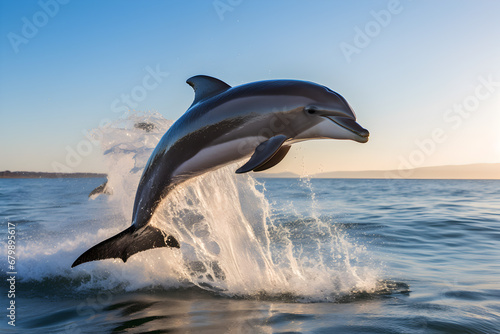 Bottlenose dolphin leaping in blue ocean with splash. © gographic