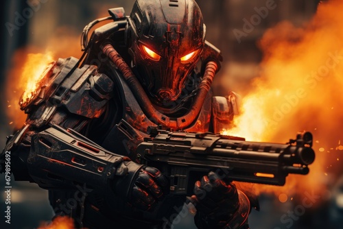 Inferno Guardian: Futuristic Robot Warrior Emerges from the Flames, Armed with Advanced Technology.