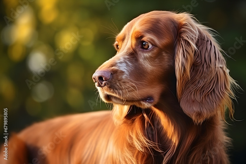 Brown Irish Setter dog looking intently, domestic pet animal body part