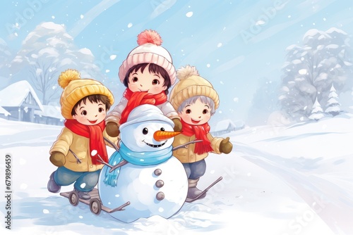 Snowy Laughter: Illustration of Joyful Children Playing and Sledding in Winter Wonderland, Dressed in Cozy Winter Attire