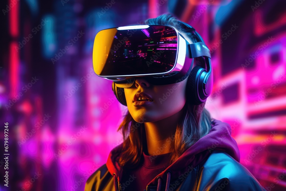 Neon Dreams: Futuristic Portrait of a Girl in VR Glasses Exploring a Digital Wonderland Neon Dreams: Futuristic Portrait of a Girl in VR Glasses Exploring a Digital Wonderland