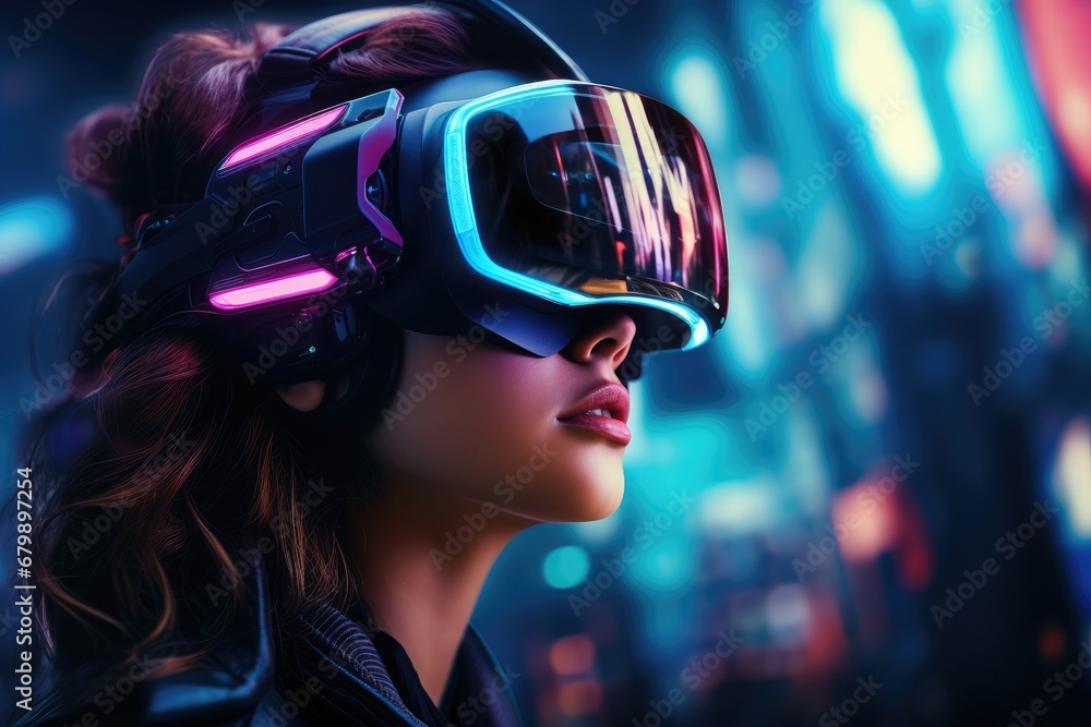 Neon Dreams: Futuristic Portrait of a Girl in VR Glasses Exploring a Digital Wonderland Neon Dreams: Futuristic Portrait of a Girl in VR Glasses Exploring a Digital Wonderland