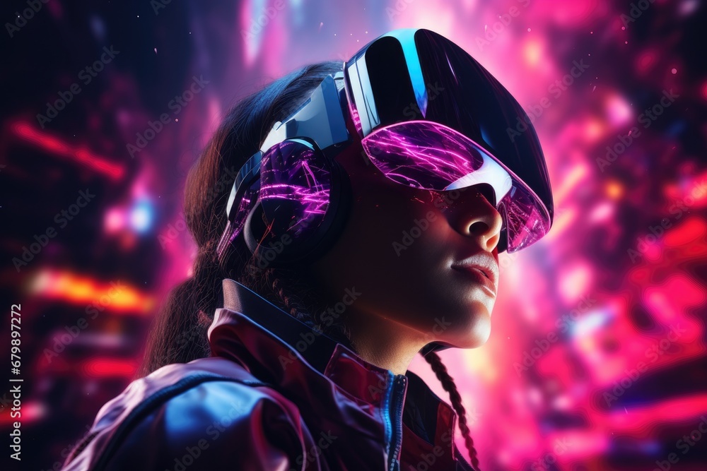 Neon Dreams: Futuristic Portrait of a Girl in VR Glasses Exploring a Digital Wonderland Neon Dreams: Futuristic Portrait of a Girl in VR Glasses Exploring a Digital Wonderland