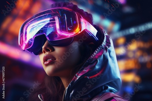 Neon Dreams: Futuristic Portrait of a Girl in VR Glasses Exploring a Digital Wonderland © AiAgency