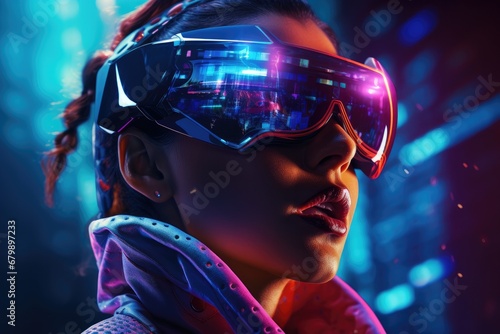 Neon Dreams: Futuristic Portrait of a Girl in VR Glasses Exploring a Digital Wonderland © AiAgency