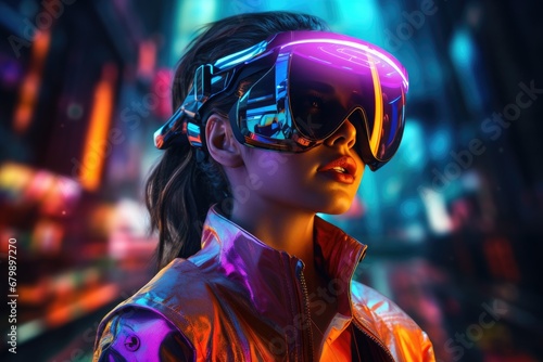 Neon Dreams: Futuristic Portrait of a Girl in VR Glasses Exploring a Digital Wonderland © AiAgency