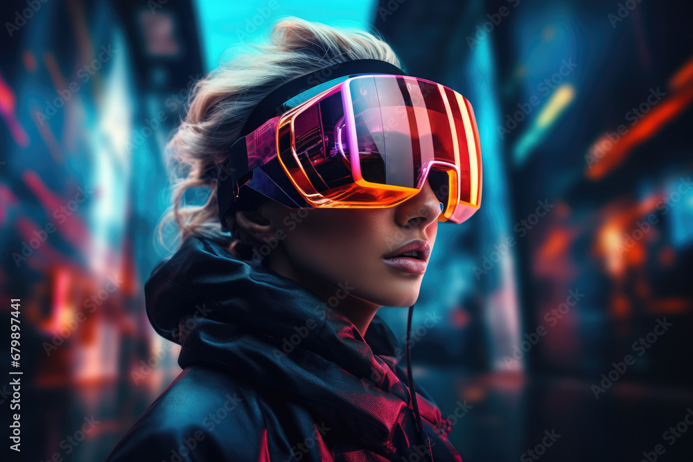 Neon Dreams: Futuristic Portrait of a Girl in VR Glasses Exploring a Digital Wonderland Neon Dreams: Futuristic Portrait of a Girl in VR Glasses Exploring a Digital Wonderland