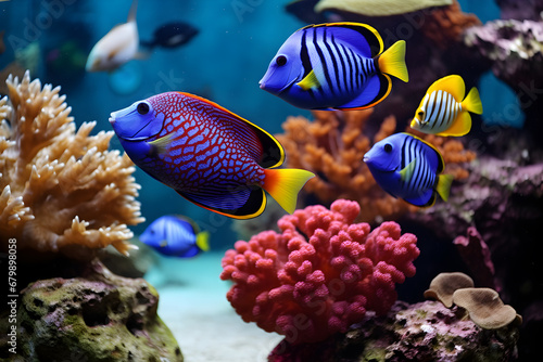 Colorful marine life swimming in a coral reef aquarium.