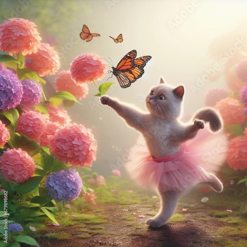 cat chasing a butterfly while wearing a tutu