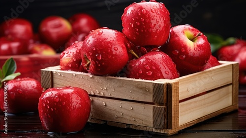 A Fresh red apples in wooden crates, on sorted background, water droplets on the surface, fresh harvest concept.