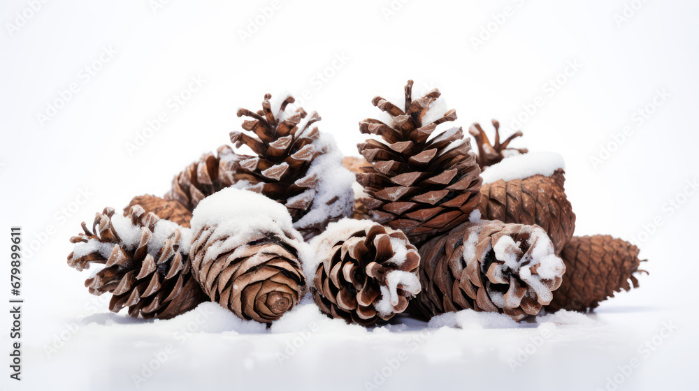 A Dry pine cones covered with snow Isolated on white background. - obrazy, fototapety, plakaty 