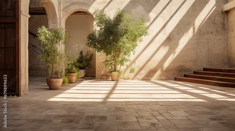 A picturesque view of a textured travertine floor leading to an open courtyard, bathed in soft sunlight.