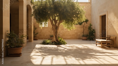 A picturesque view of a textured travertine floor leading to an open courtyard, bathed in soft sunlight.