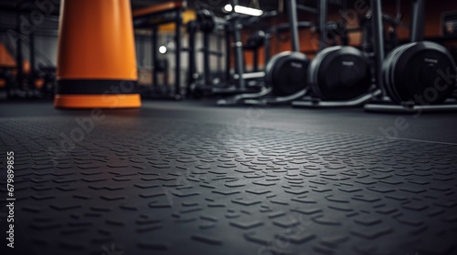 A textured rubber gym floor with shock-absorbing properties, ready for a workout session.