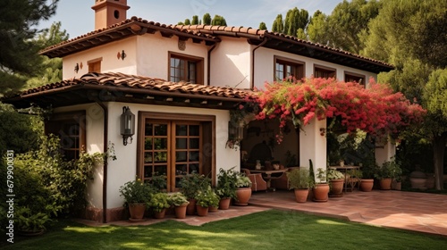 An exterior shot of a Mediterranean villa with terracotta stucco walls and wooden beams.