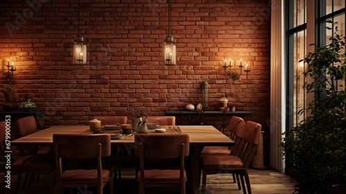 An image of a dining room with walls showcasing a rich, earthy brick texture in warm terracotta, complemented by rustic wooden furniture and soft, amber lighting, photo